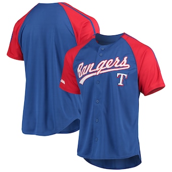 mens stitches royal texas rangers button down raglan replica